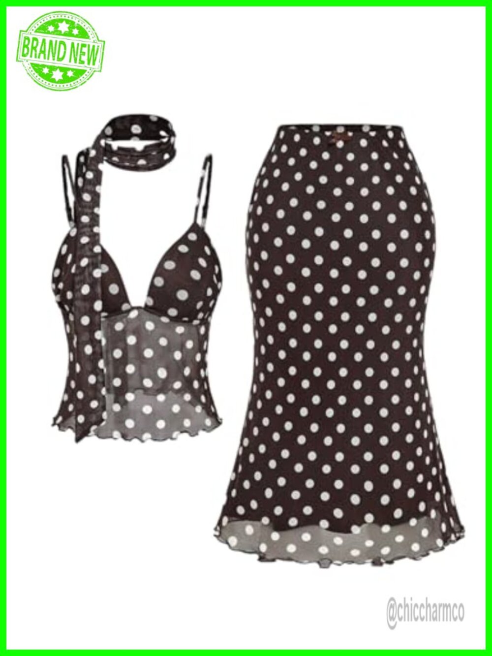 2 Piece Mesh Camisole Top Midi Skirt Set with Neck Scarf
